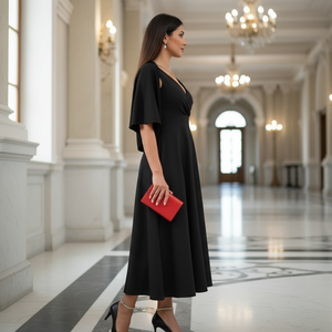 Woman in a black dress holding a red clutch in an elegant hallway.