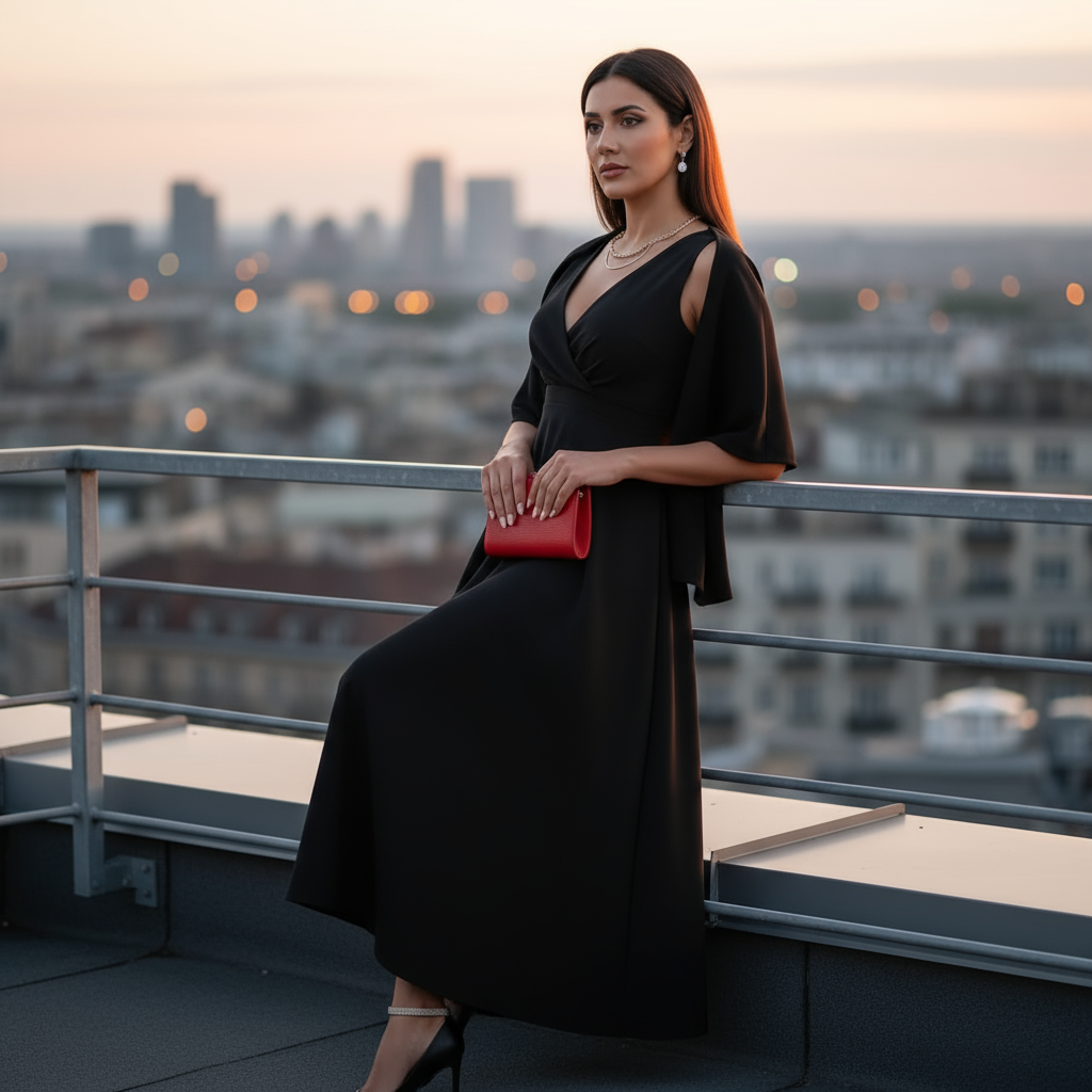 Woman in a black dress with a red clutch on a rooftop with cityscape background