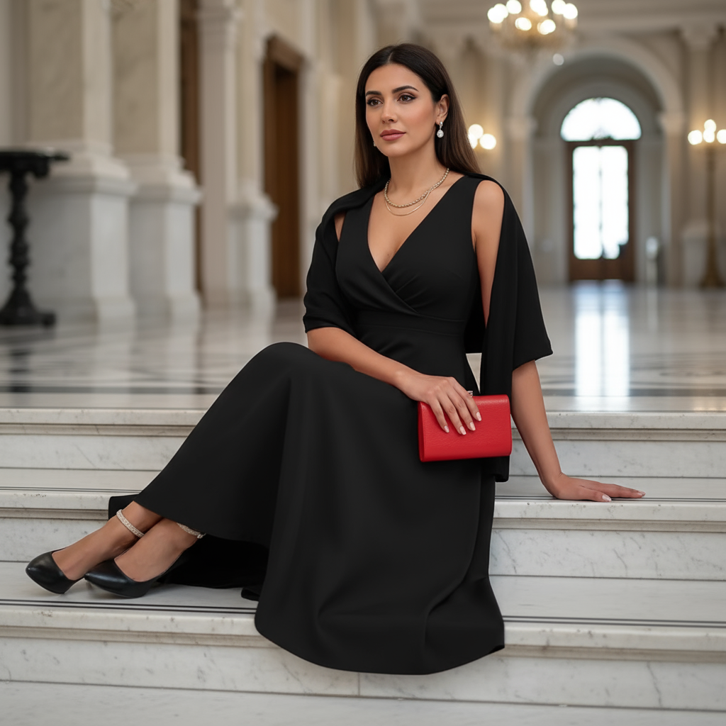 Woman in a black dress holding a red clutch on marble steps