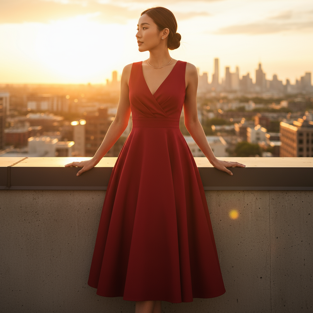 Woman in a red dress standing on a rooftop with a city skyline in the background during sunset.