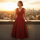 Woman in a red dress standing on a rooftop with a city skyline in the background during sunset.