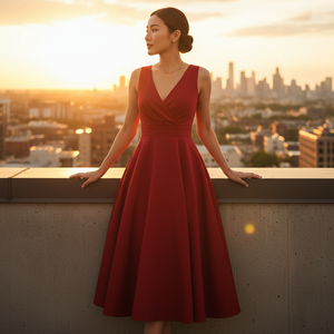 Woman in a red dress standing on a rooftop with a city skyline in the background during sunset.
