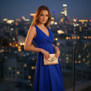 Woman in a blue dress holding a gold clutch against a city skyline at night.