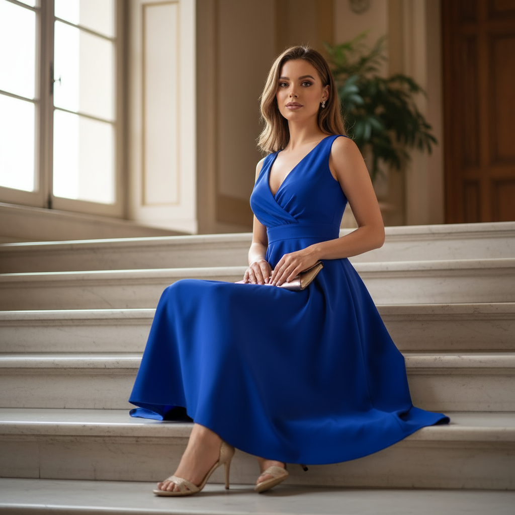 Woman in a blue dress sitting on stairs in an elegant interior setting