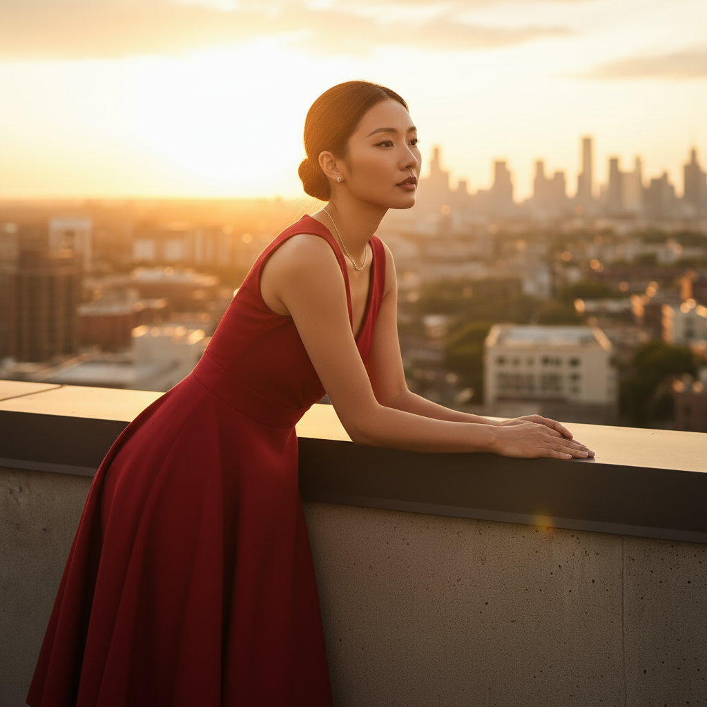 Woman in a red dress standing on a rooftop with a cityscape in the background during sunset.