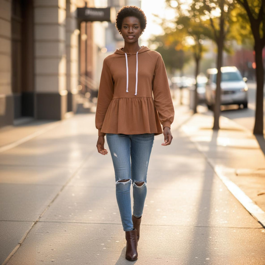 Woman walking on a sidewalk wearing a brown peplum top and ripped jeans.
