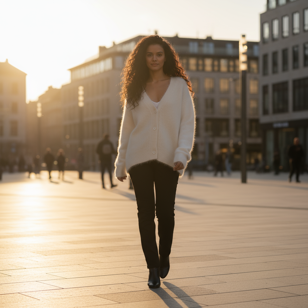 Woman walking on a city street at sunset