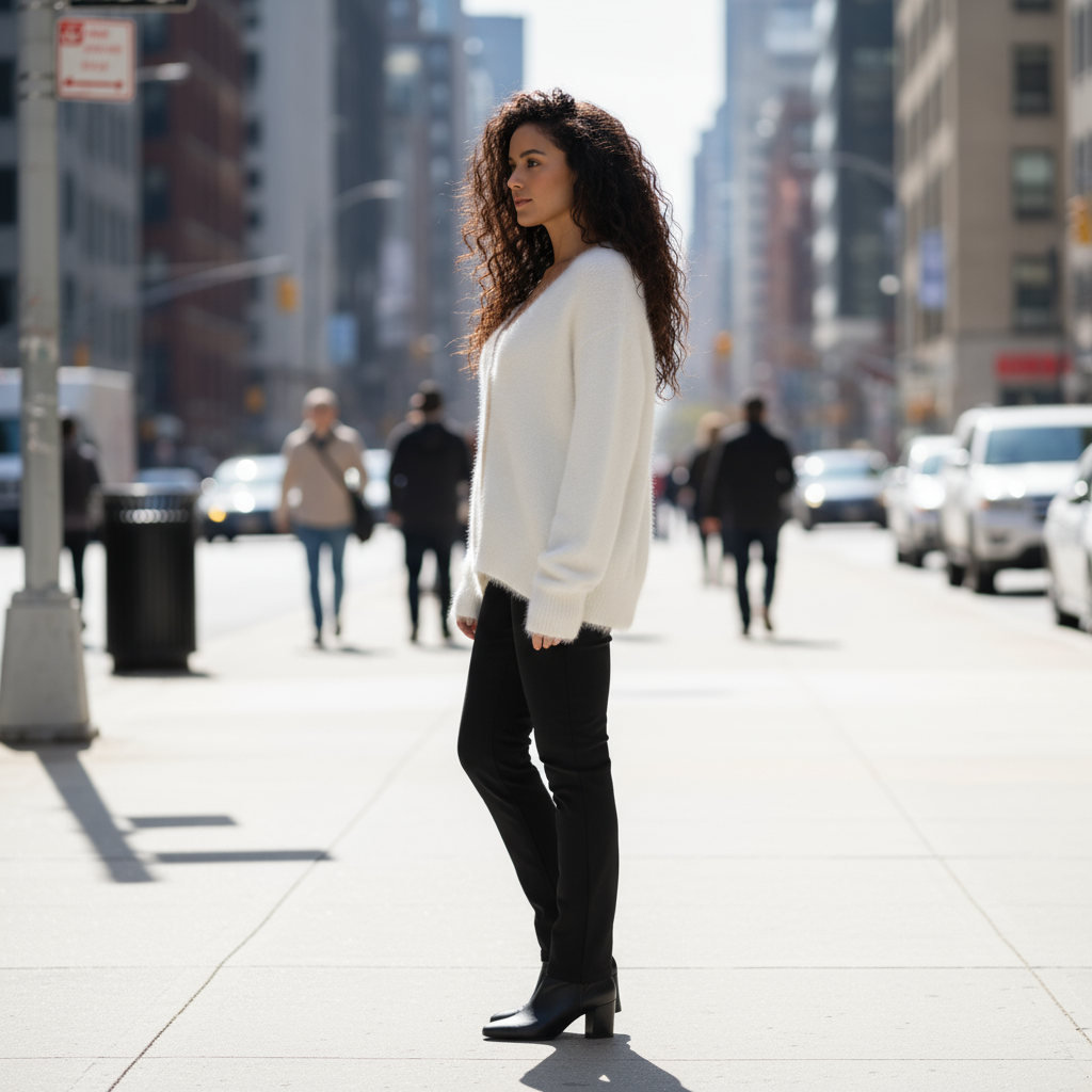 Woman in a white sweater and black pants standing on a city street.