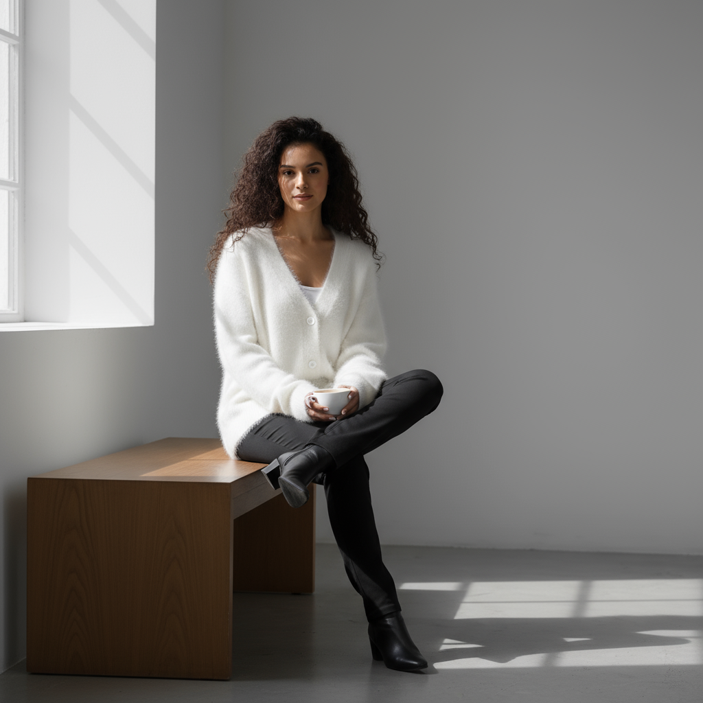 Woman sitting on a wooden bench holding a cup in a minimalistic room with a window.