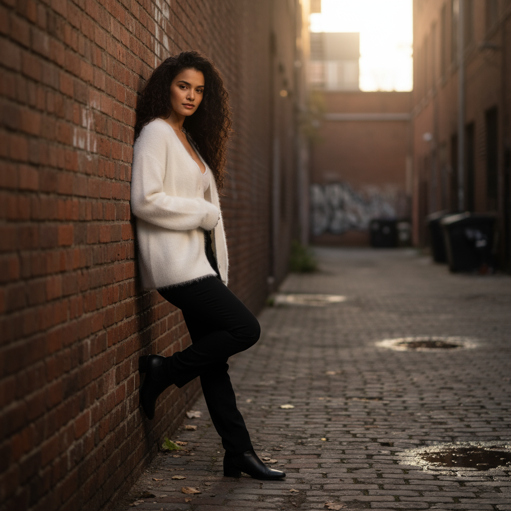 Woman in a white sweater and black pants leaning against a brick wall in an alley.