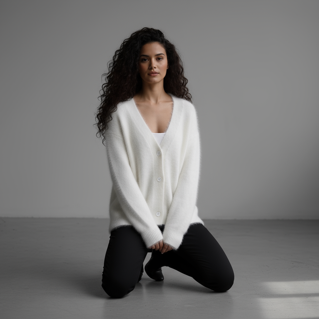 Woman wearing a white cardigan over a white top, kneeling on a gray floor with a neutral background