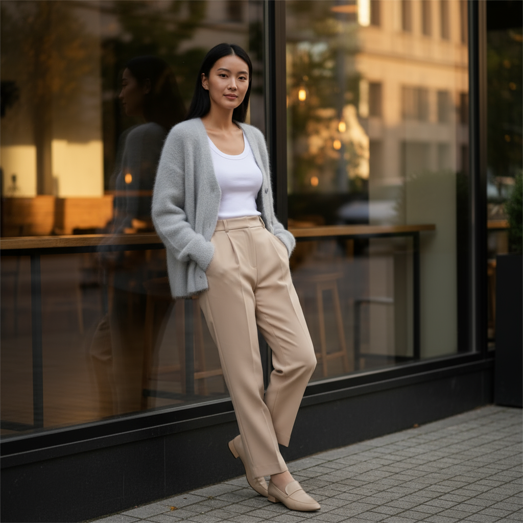 Woman in a light gray cardigan and beige pants standing in front of a store window.