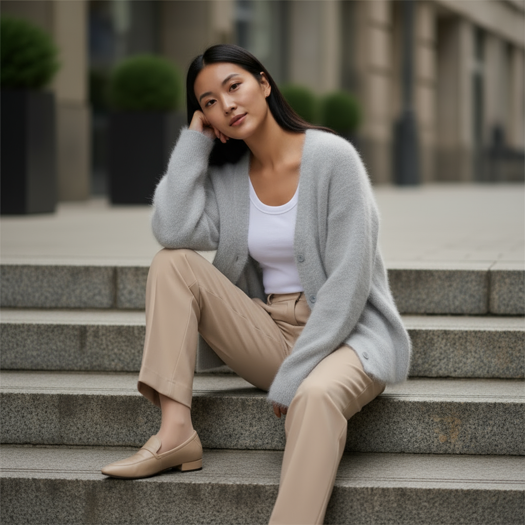 Woman sitting on steps wearing a light gray cardigan, white top, beige pants, and brown shoes.