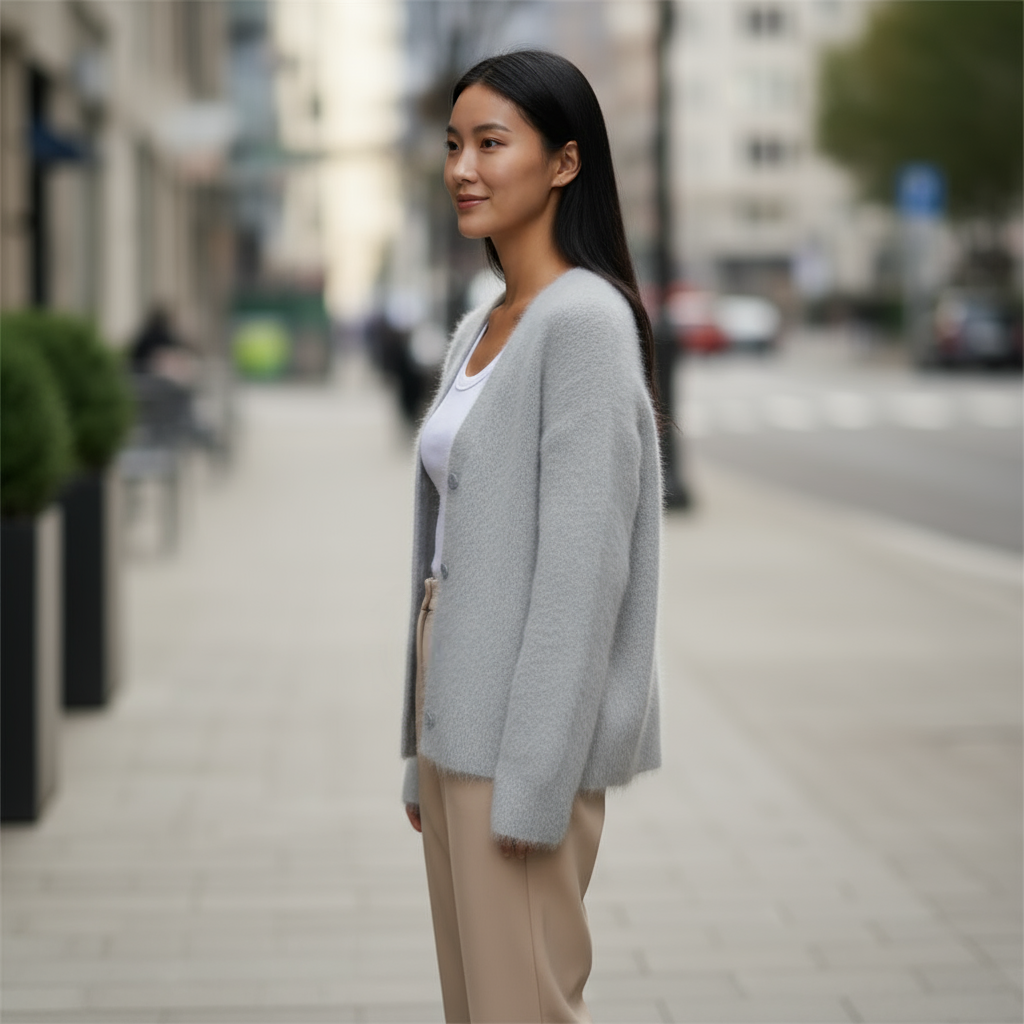 Woman in a gray cardigan walking on a city street