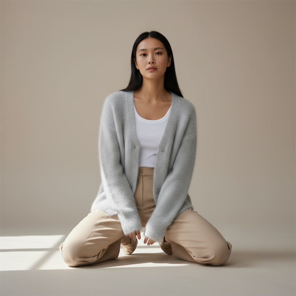 Woman wearing a light gray cardigan over a white top and beige pants, sitting on the floor with a neutral background.
