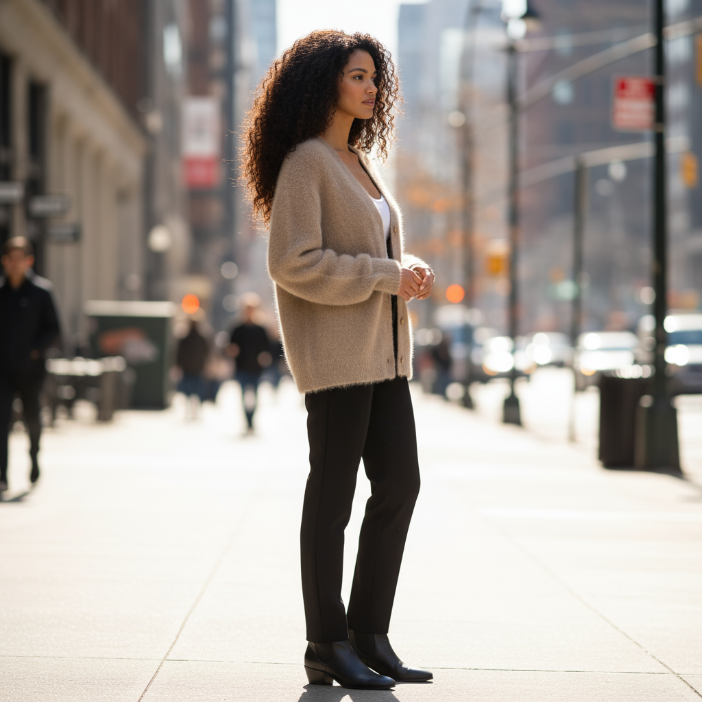 Woman standing on a city street wearing a beige cardigan and black pants.