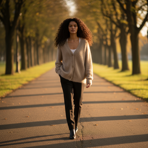 Woman walking down a tree-lined path in a park during autumn.