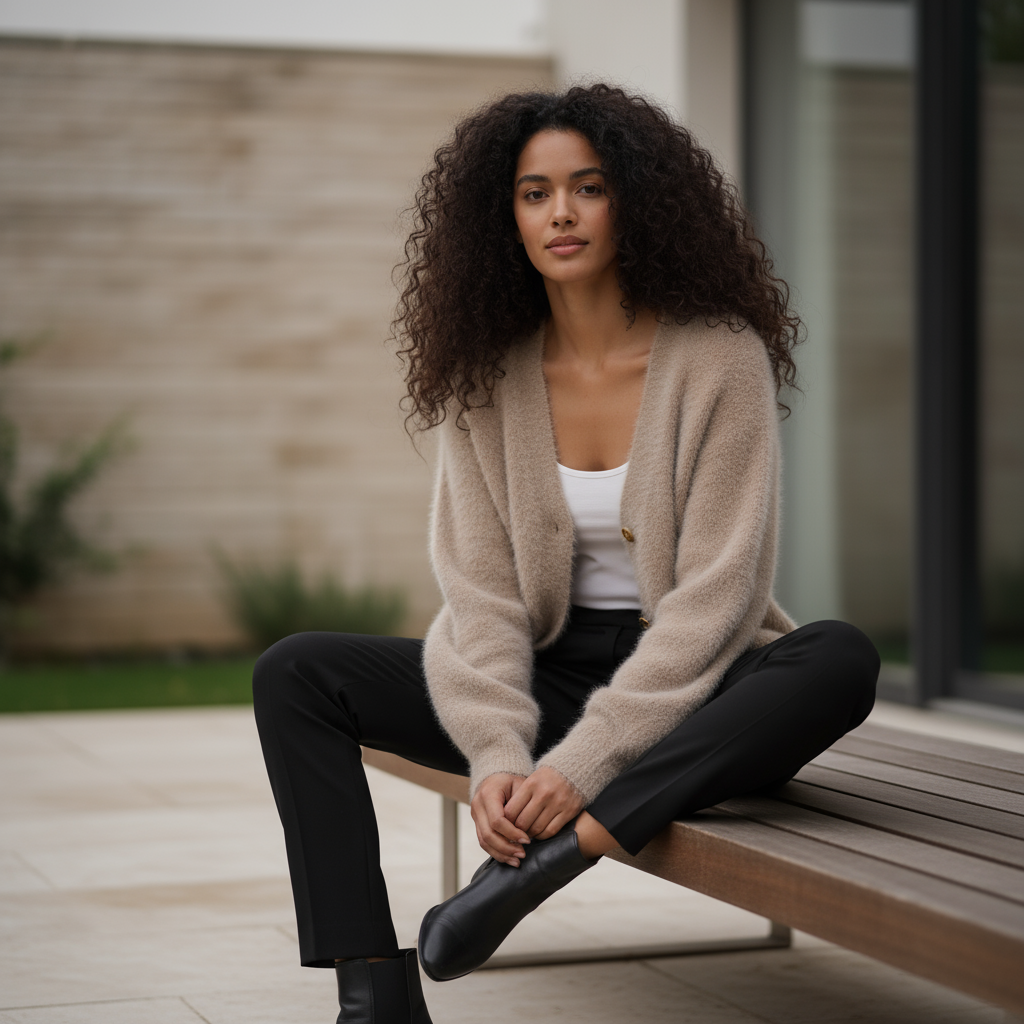 Woman sitting on a bench wearing a beige cardigan and black pants.
