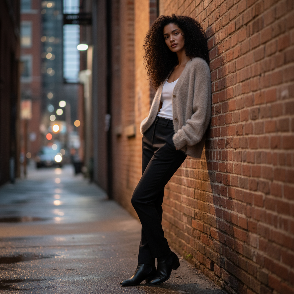 Woman leaning against a brick wall in an urban alleyway