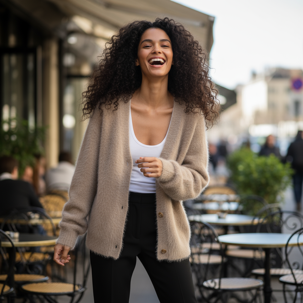Woman laughing outdoors in an urban setting with tables and chairs.