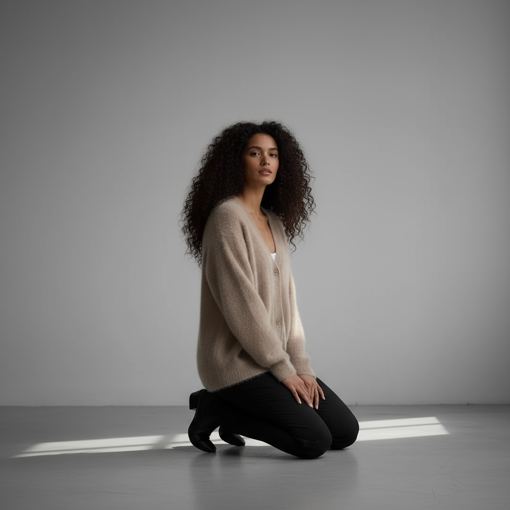 Woman in a beige cardigan and black pants kneeling on a gray floor with a neutral background