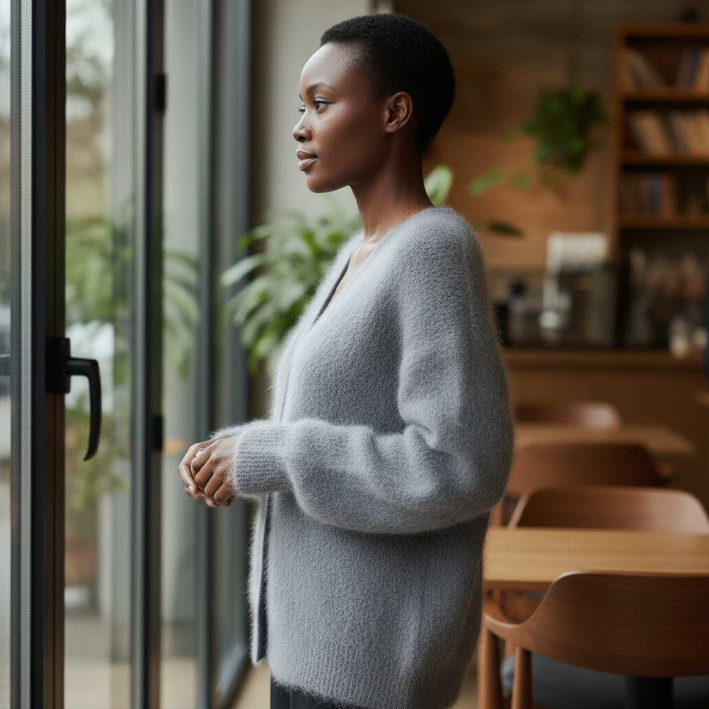 Woman in a cozy cafe wearing a gray sweater