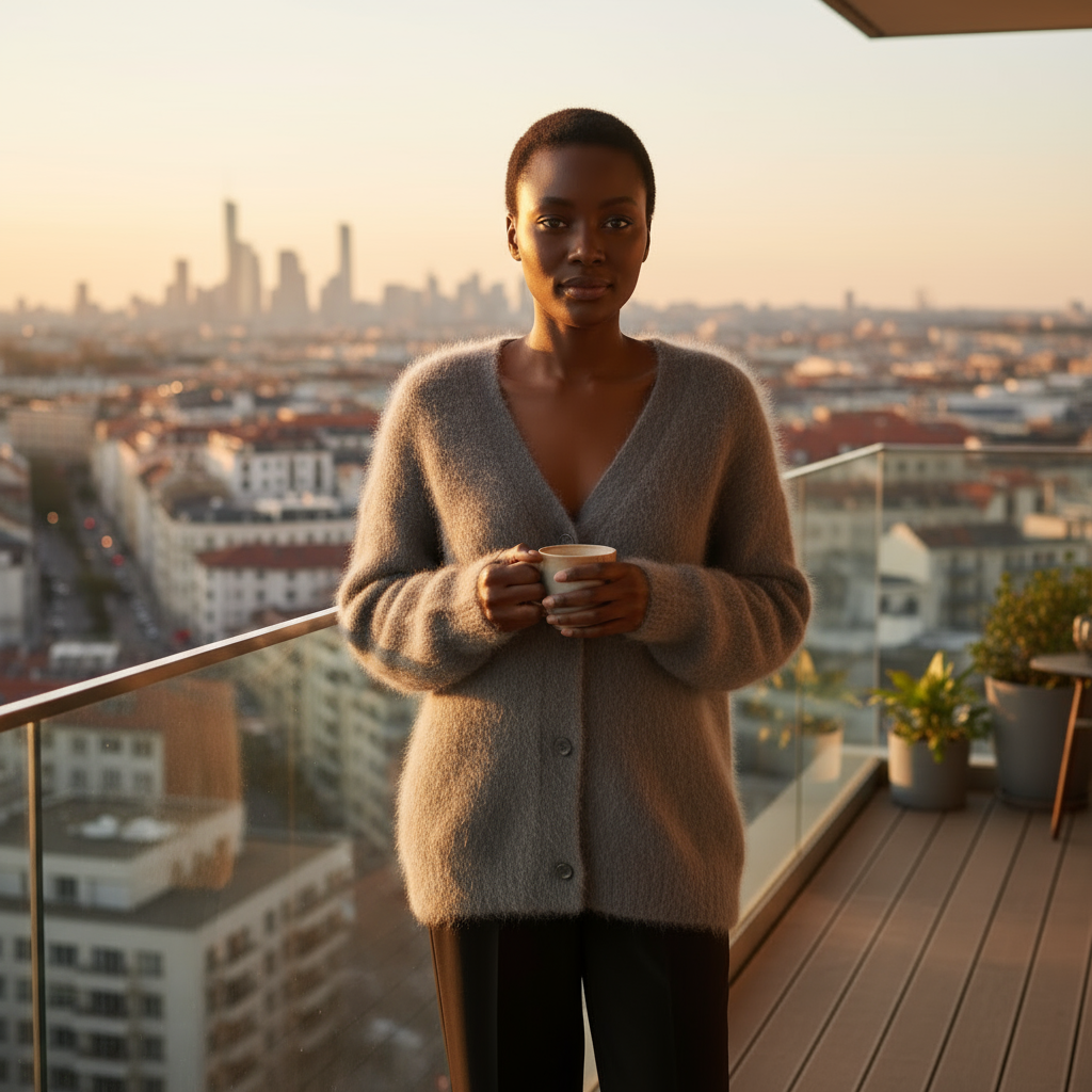 Woman holding a cup on a balcony with a cityscape in the background