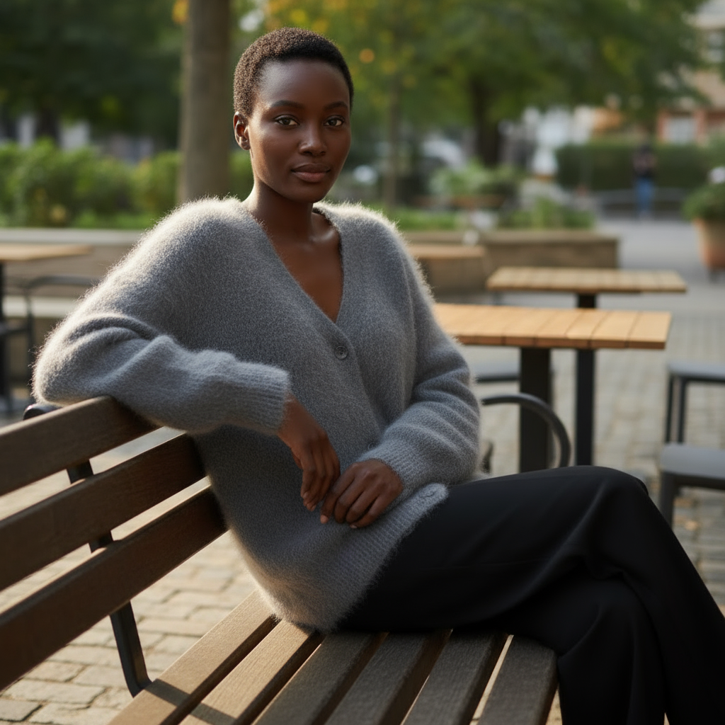 Woman sitting on a bench wearing a gray cardigan in an outdoor setting