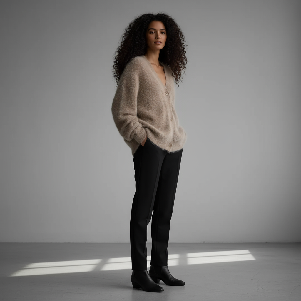 Woman wearing a beige sweater and black pants standing in a softly lit room.