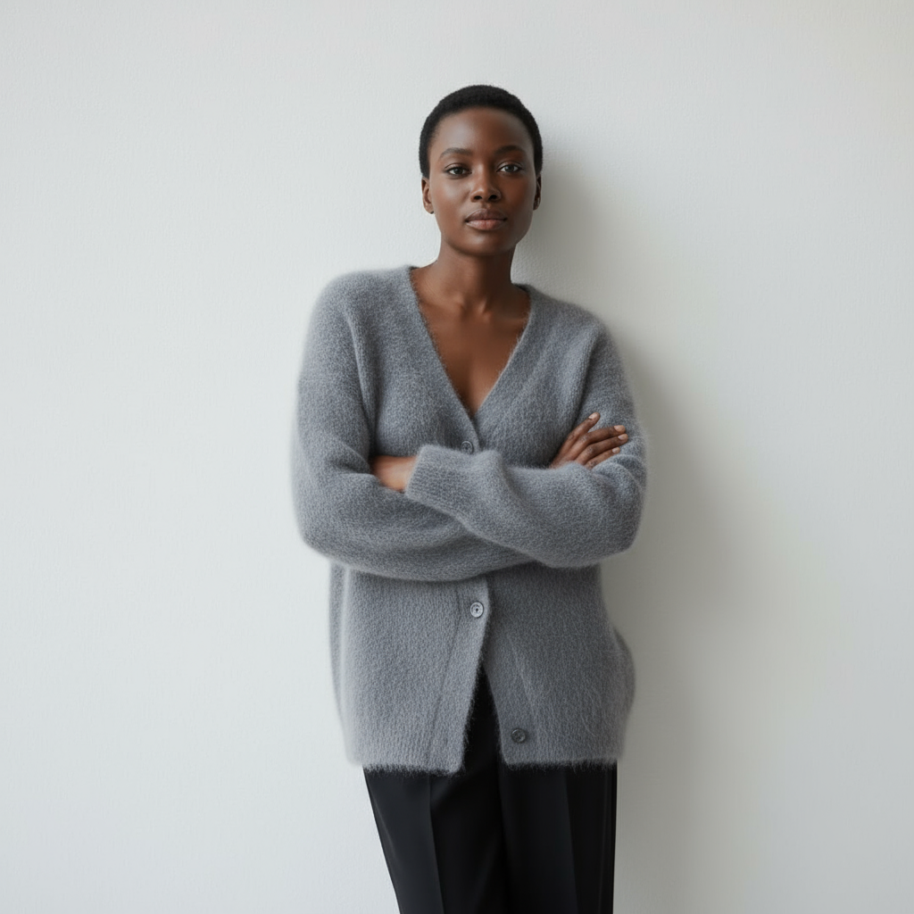 Woman wearing a gray cardigan against a plain background