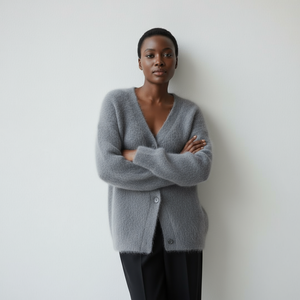 Woman wearing a gray cardigan against a plain background