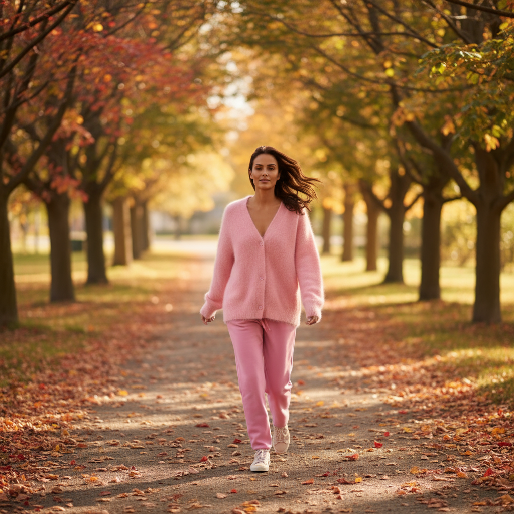 Woman in a pink outfit walking down a tree-lined path with autumn leaves.