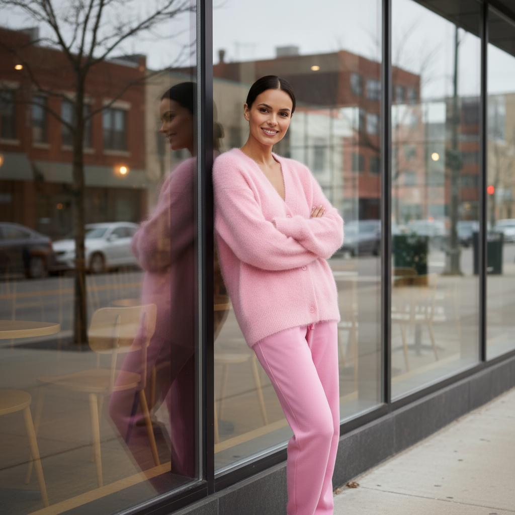 Woman in a pink outfit standing in front of a glass window with reflections.