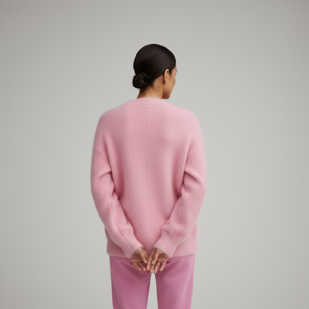 Person wearing a pink sweater and pants on a gray background
