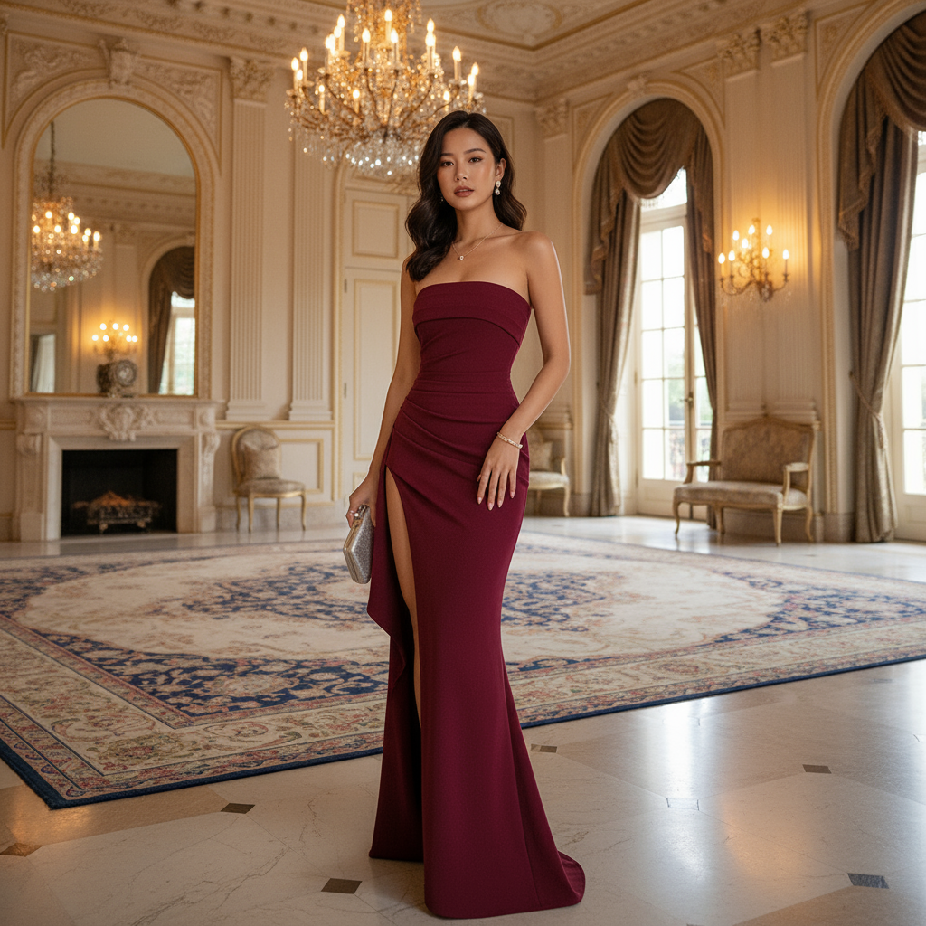 Woman in a burgundy strapless gown with a high slit standing in an elegant room with chandeliers and a fireplace.