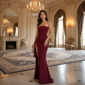 Woman in a burgundy strapless gown with a high slit standing in an elegant room with chandeliers and a fireplace.