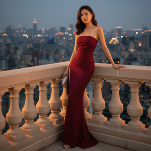 Woman in a red dress standing on a balcony with a cityscape background