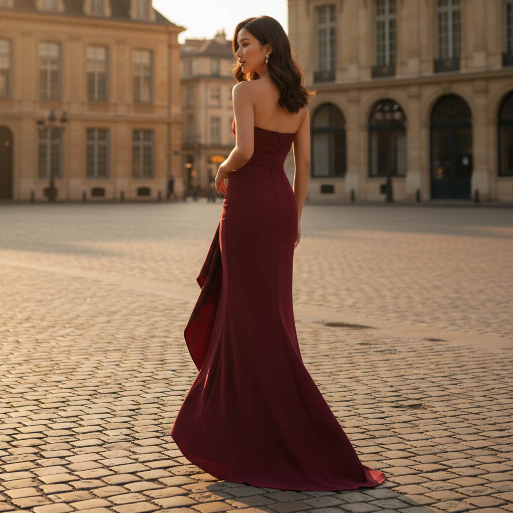 Woman in a burgundy evening gown standing on a cobblestone street with classical architecture in the background.