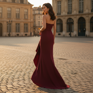 Woman in a burgundy evening gown standing on a cobblestone street with classical architecture in the background.