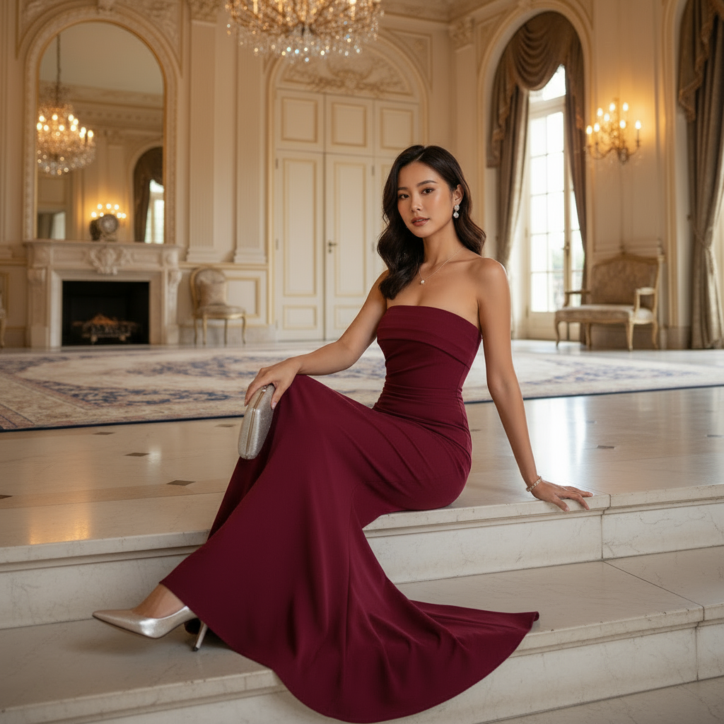 Woman in a burgundy dress sitting in an elegant room with chandeliers and a fireplace.