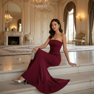 Woman in a burgundy dress sitting in an elegant room with chandeliers and a fireplace.