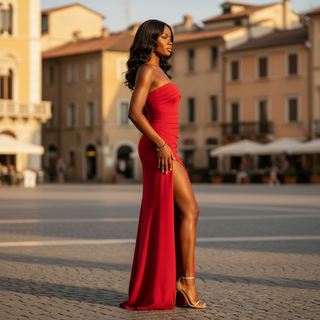 Woman in a red dress standing on a street with buildings in the background