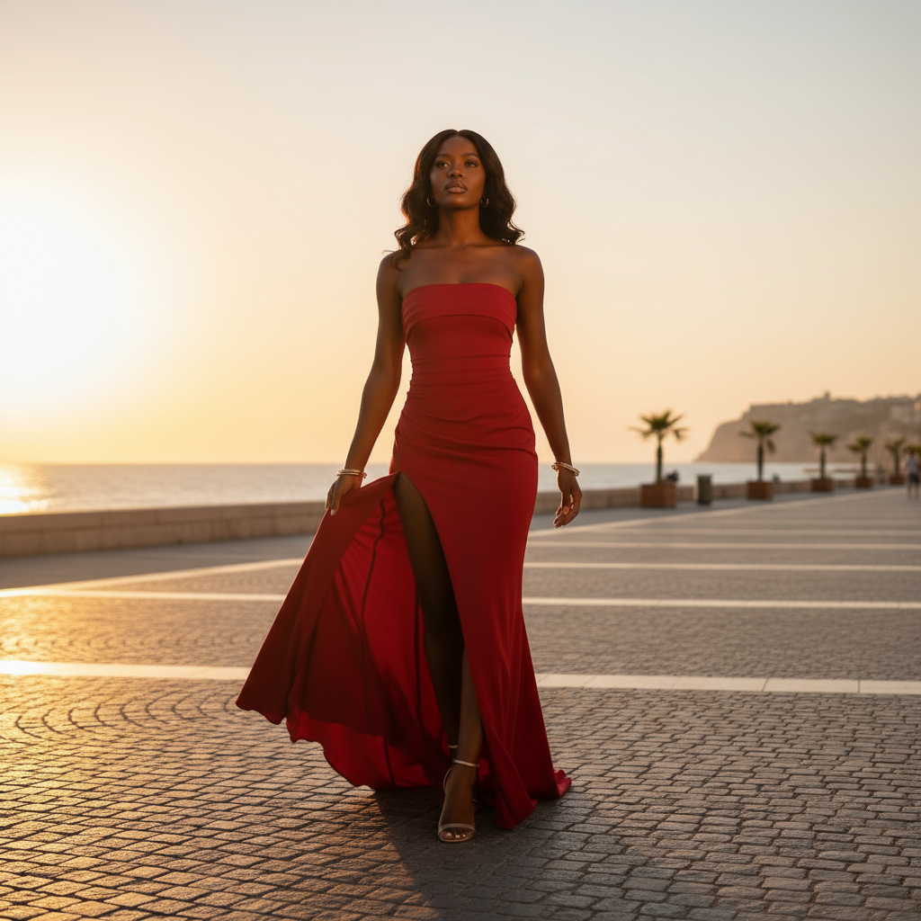 Woman in a red dress standing on a promenade with sunset in the background