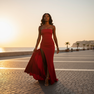Woman in a red dress standing on a promenade with sunset in the background