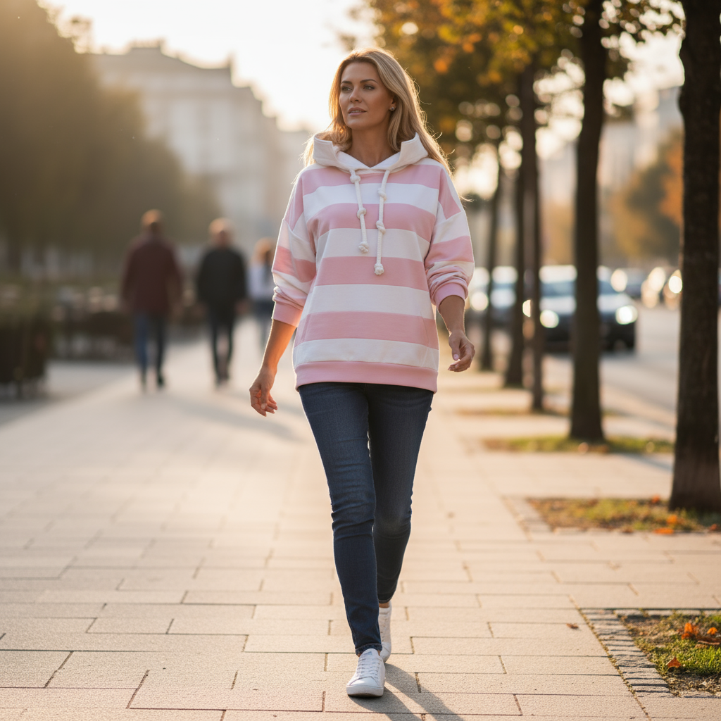 Woman walking on a sidewalk wearing a pink and white striped hoodie.