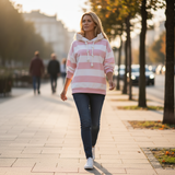 Woman walking on a sidewalk wearing a pink and white striped hoodie.
