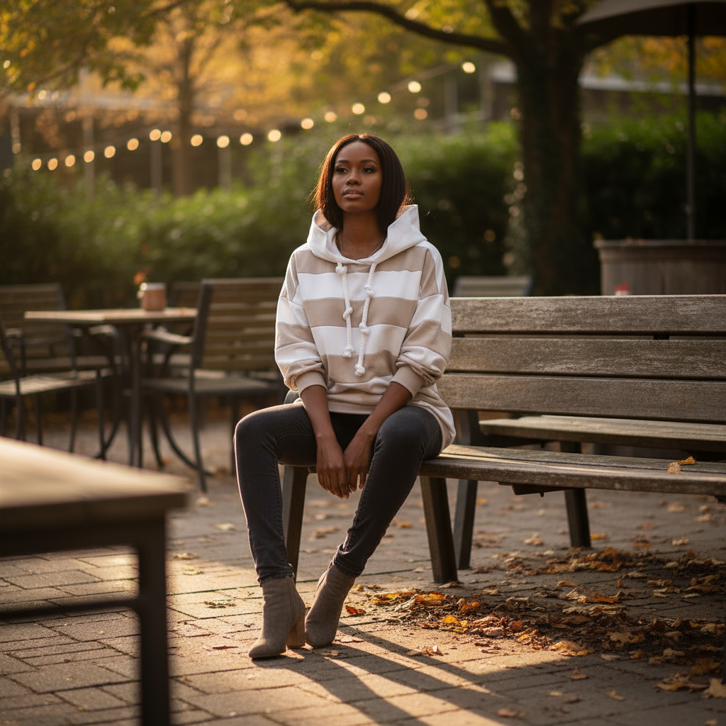 Woman sitting on a bench in an outdoor setting with trees and lights in the background