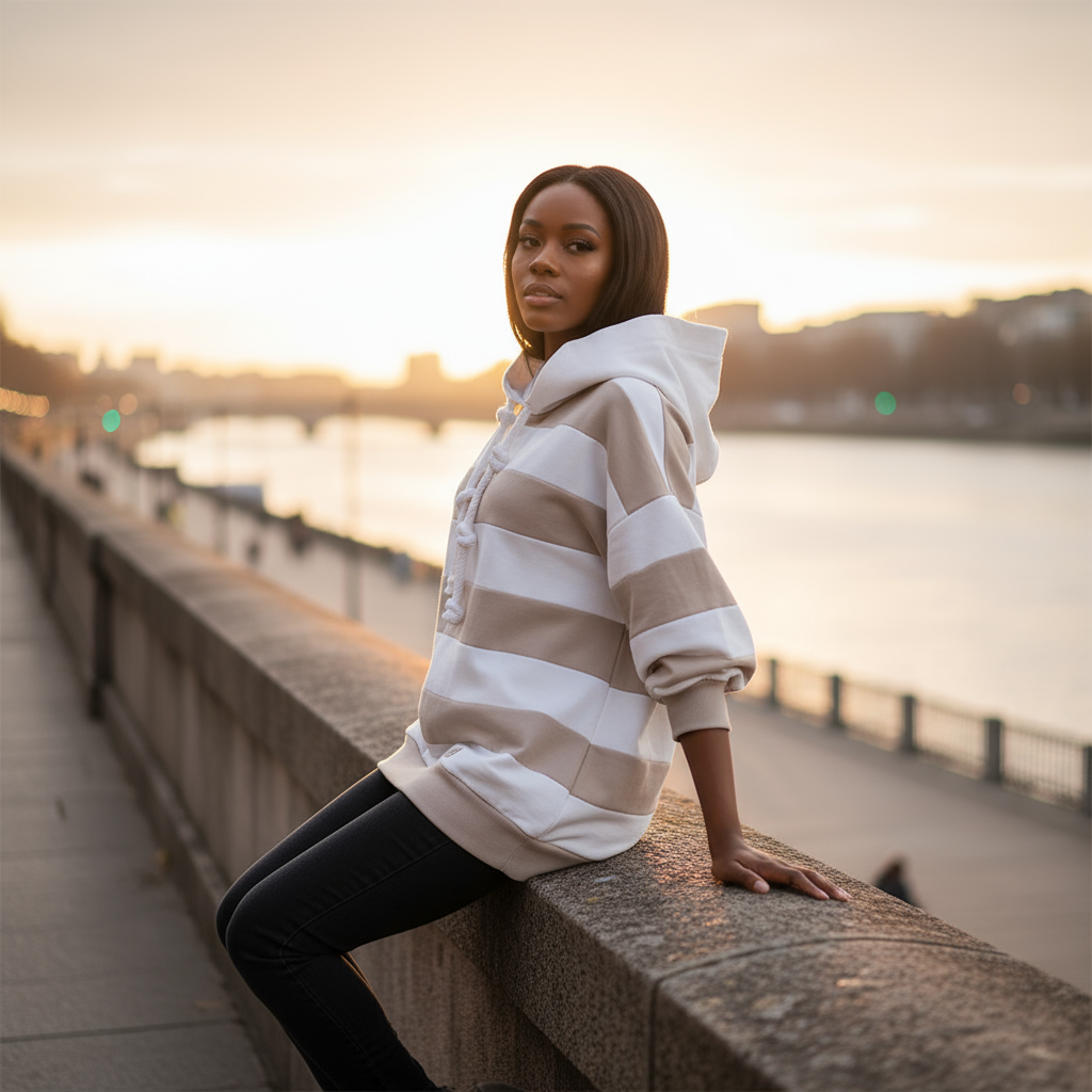 Woman in a striped hoodie sitting on a ledge by a waterfront at sunset.