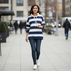 Woman wearing a blue and white striped sweater on a city street.