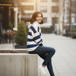 Woman sitting on a concrete bench wearing a striped sweater and jeans in an urban setting.